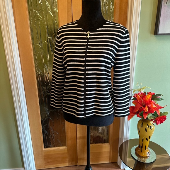 Chaps Black & White Striped Career Cardigan Sweater Zip Front Size Large NWOT - Picture 2 of 11